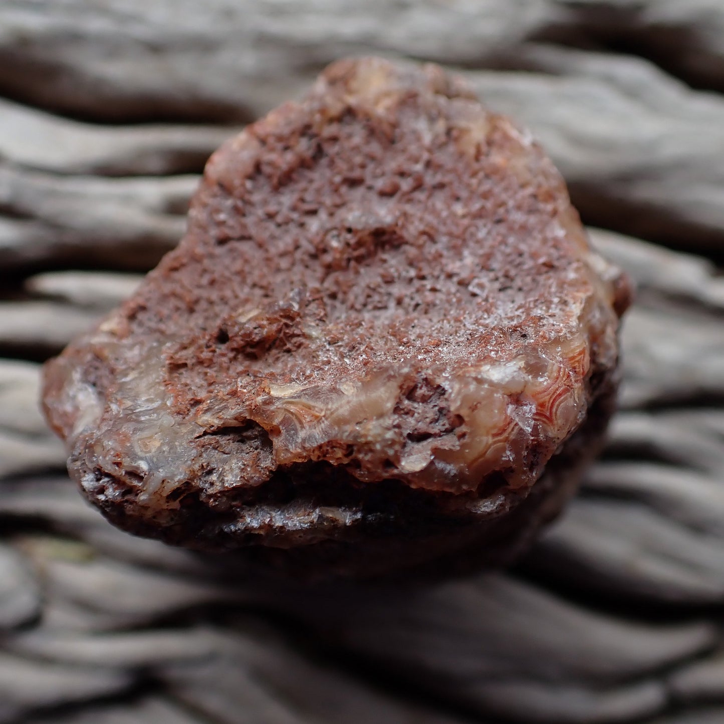 Unpolished rough side of Malawi agate showing natural texture