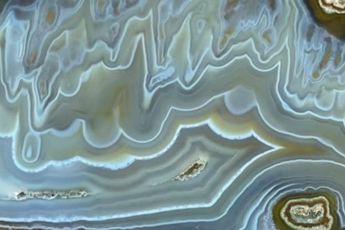 Ghost Mountain agate 106 mm – close-up of convoluted scalloped banding in blue-grey chalcedony with fine ochre-yellow stalactitic inclusions, Ghost Mountain, South Africa.