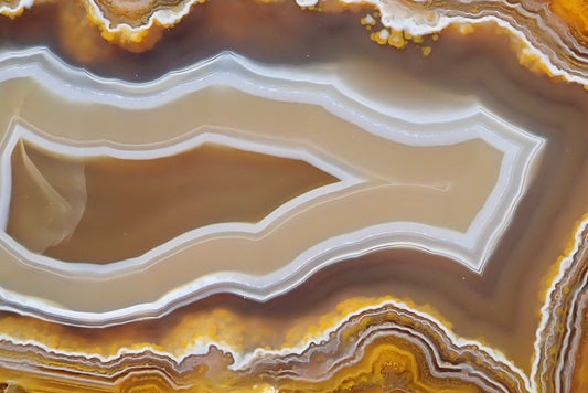Ghost Mountain agate 72 mm, detail of angular white and blue-grey fortification bands surrounding the warm brown centre, bordered by fine brown and golden-yellow layers.