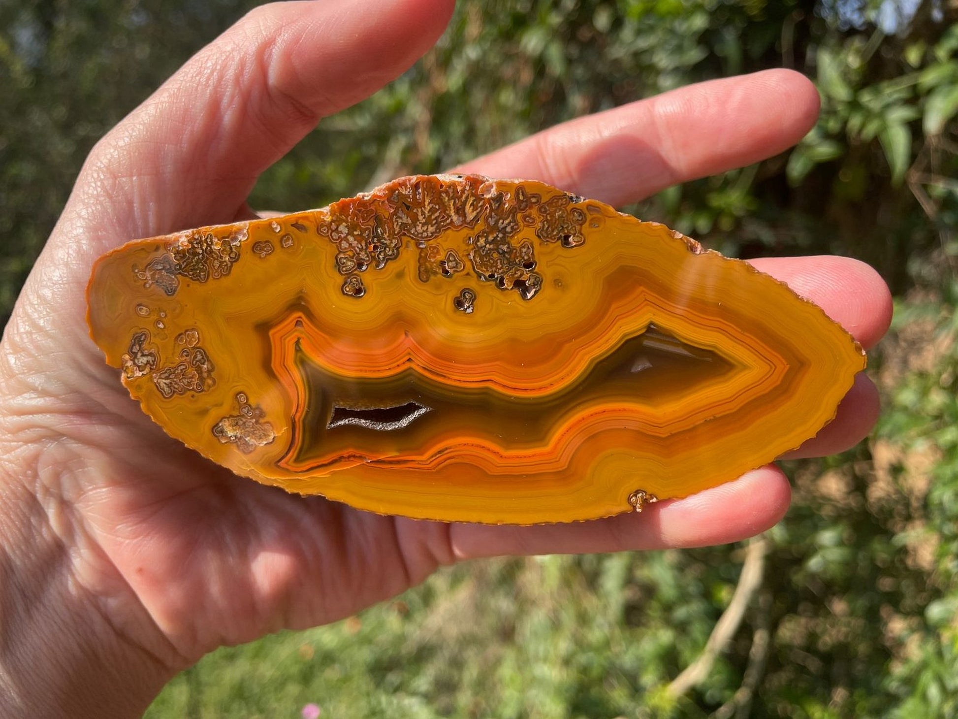 Lilangabi agate 112 mm – in-hand size reference, chromatism and fortification banding visible, Eswatini | SKU LIL00006