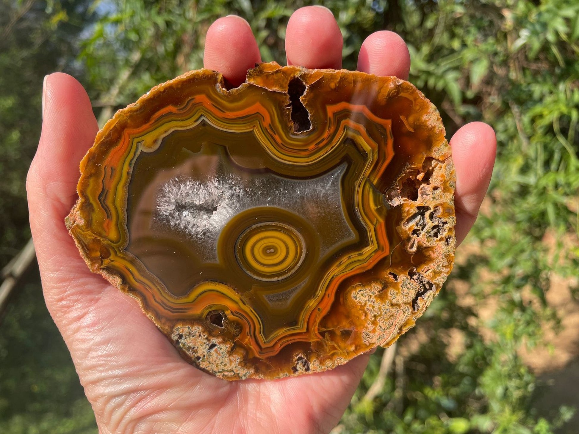 Lilangabi agate 105 mm – in-hand size reference, bullseye and fortification banding visible, Eswatini | SKU LIL00002