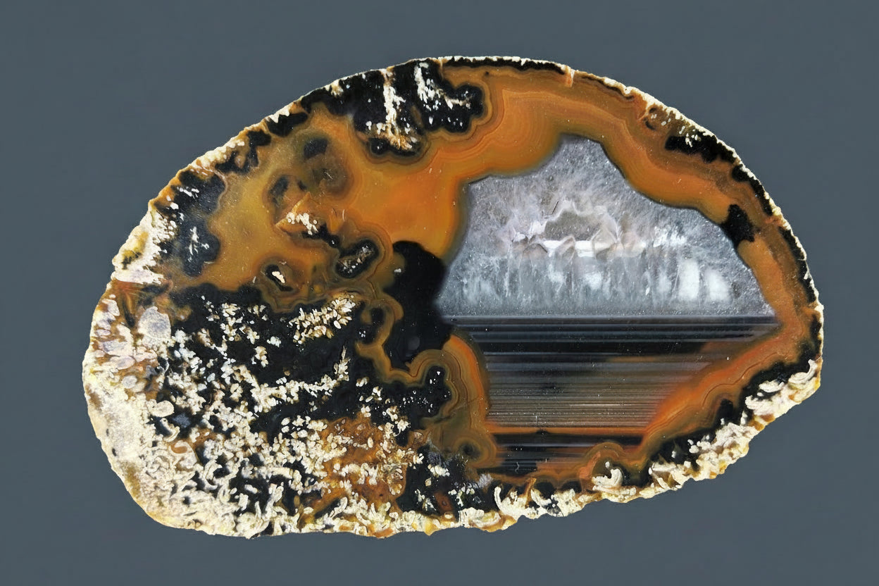 Lilangabi agate 90mm – main view, chalcedony centre, waterlines, dendritic inclusions, orange-black banding | SKU LIL00017