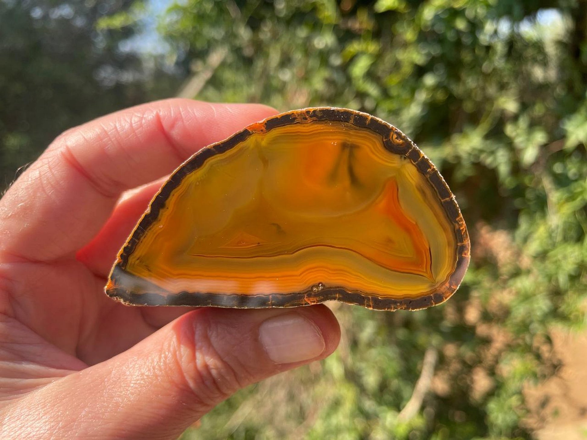 Lilangabi agate 71mm – in-hand, chromatism and amber-carnelian tones | SKU LIL00019
