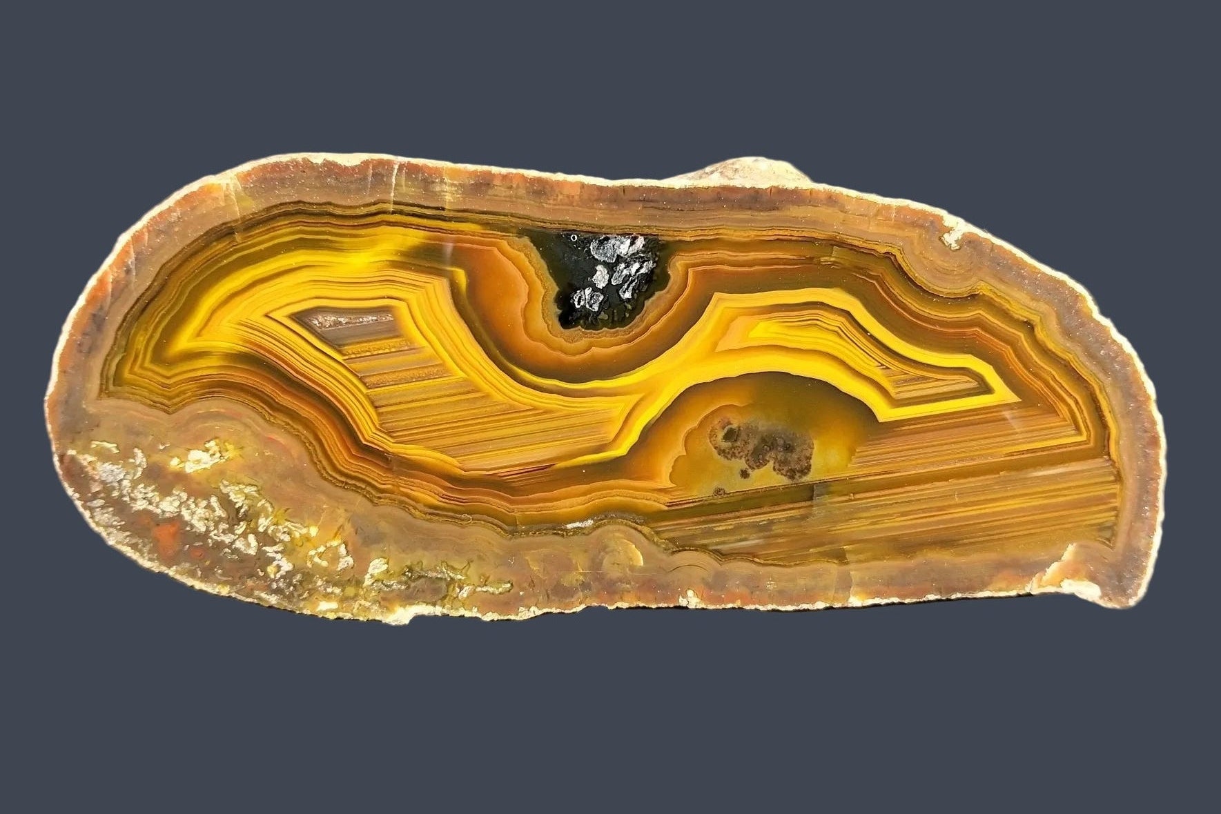 Lilangabi agate 117 mm – front face, scalloped banding in amber and golden yellow, sard-carnelian contrast, Eswatini | SKU LIL00024