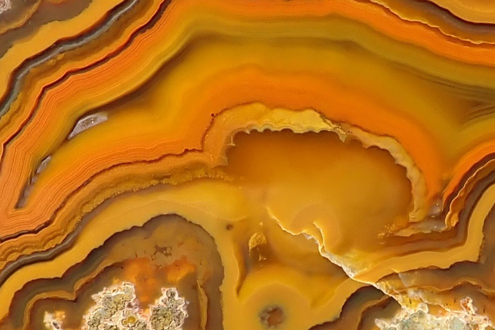 Lilangabi agate 85 mm – detail of fortification banding, chocolate-brown defining lines, warm amber and orange palette
