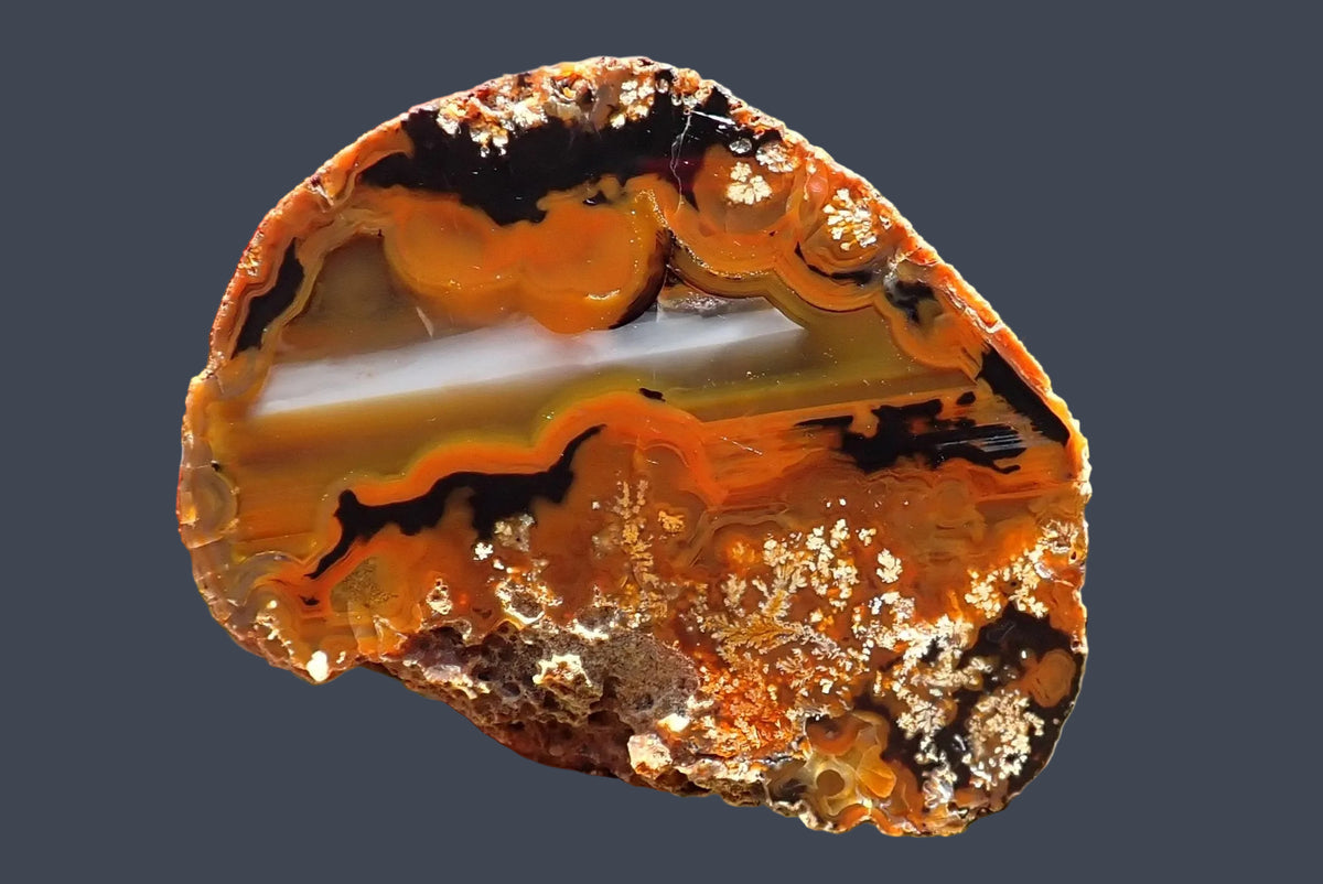 Lilangabi agate 72 mm, hand-lapped face with orange and black scalloped banding, a white-grey waterline and cream-to-golden moss-like inclusions, Lebombo Mountains.