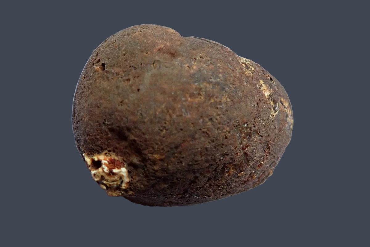 Lilangabi agate 72 mm, back view showing rounded brown natural rind with a small exposed cream-orange area, Lebombo Mountains.