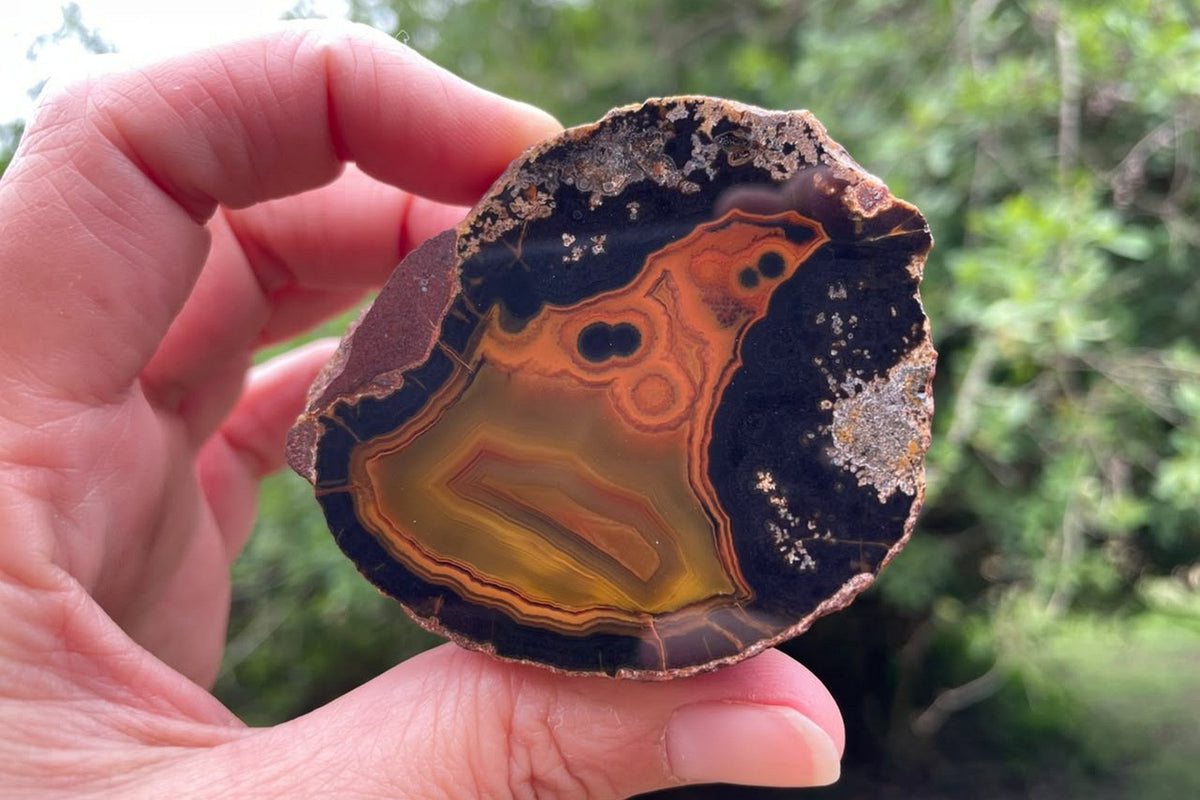 Lilangabi agate 63 mm – held for scale in a rotated view, showing dark eyes, orange-gold banding and a deep charcoal-brown surround