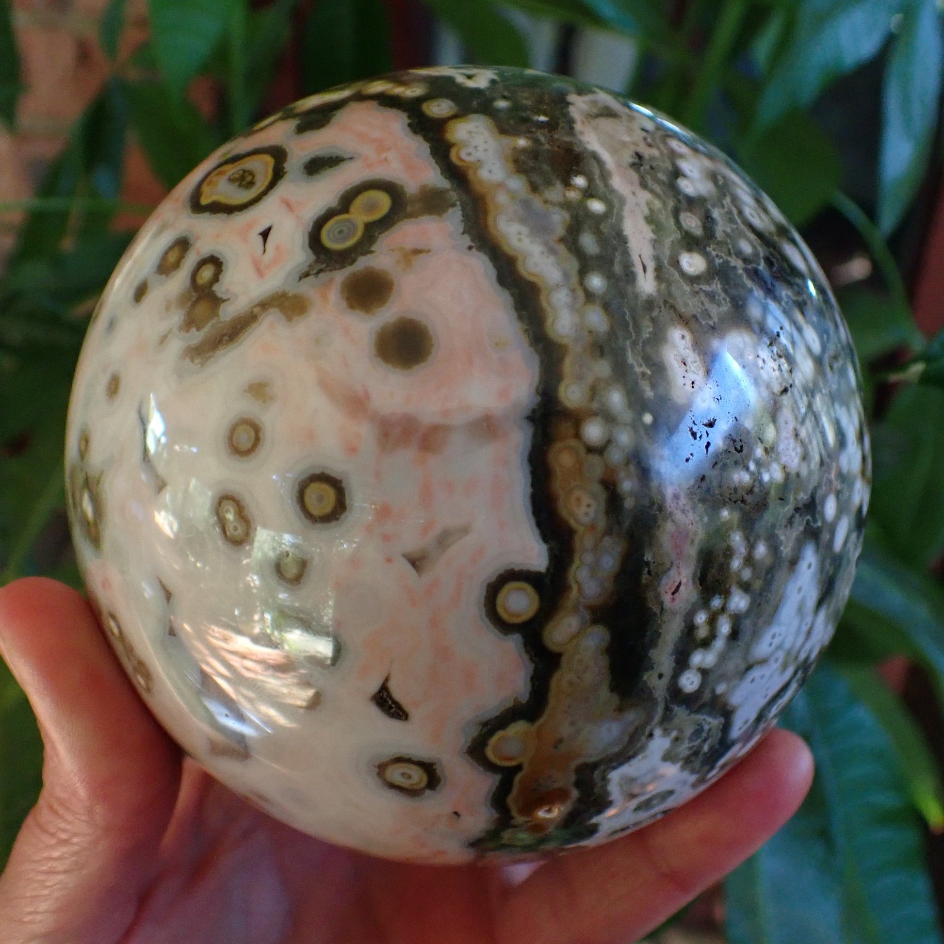 Ocean Jasper (Orbicular) Polished Sphere 115mm – cream and pink dominant face showing orb size variation, 8th Vein Marovato Madagascar | SKU OM00004