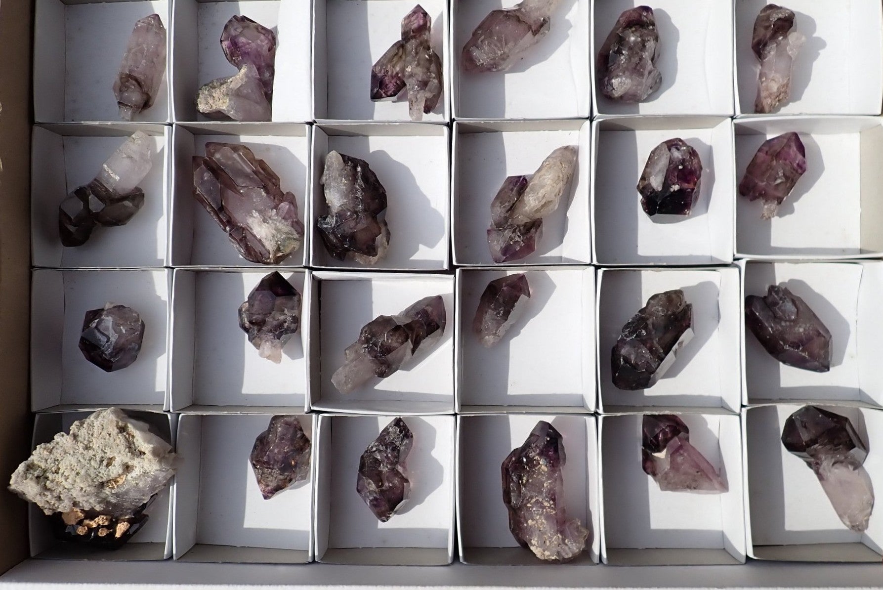 Shangaan amethyst tray lot SWB00006 – 24 mixed pieces, smoky-amethyst points, Chiredzi Zimbabwe