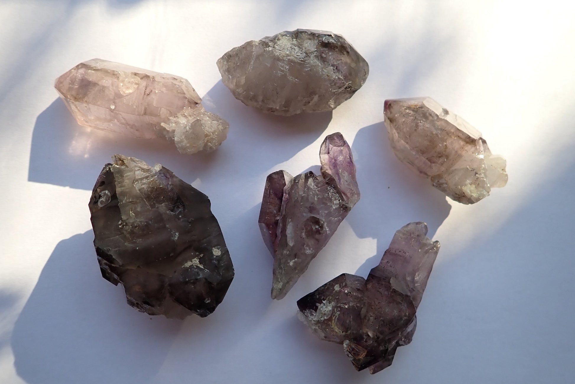 Shangaan Amethyst tray lot – selection of 6 crystals, smoky-amethyst combination, hematite inclusions