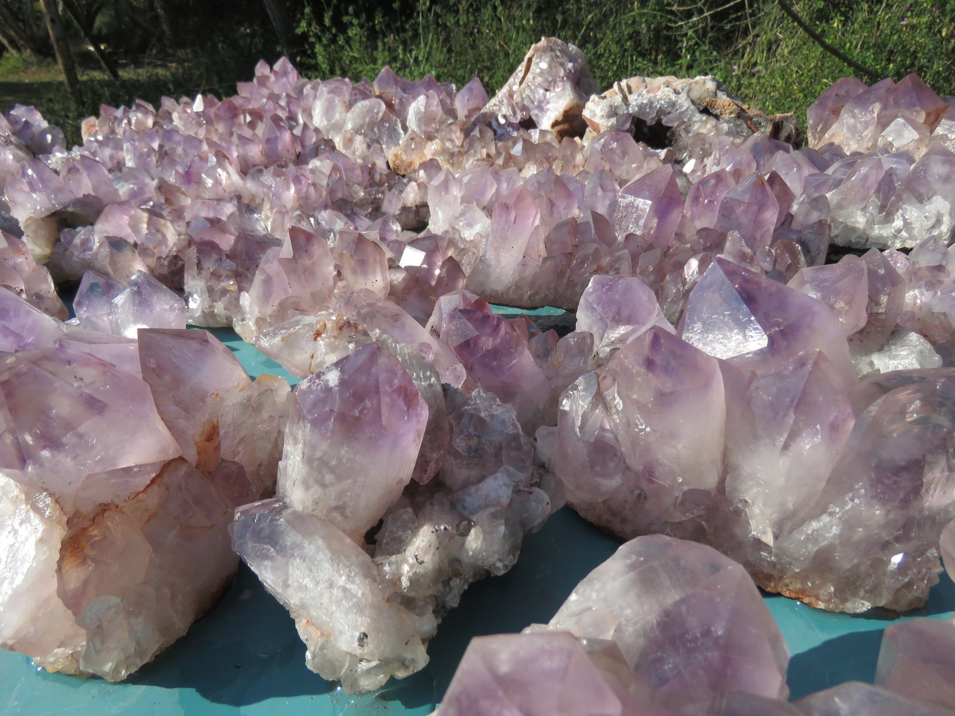 Wholesale Mumbwa amethyst Zambia – bulk lot showing mixed cluster and plate formations, light to deep violet range, druzy surfaces and point clusters visible | SKU MUMkg