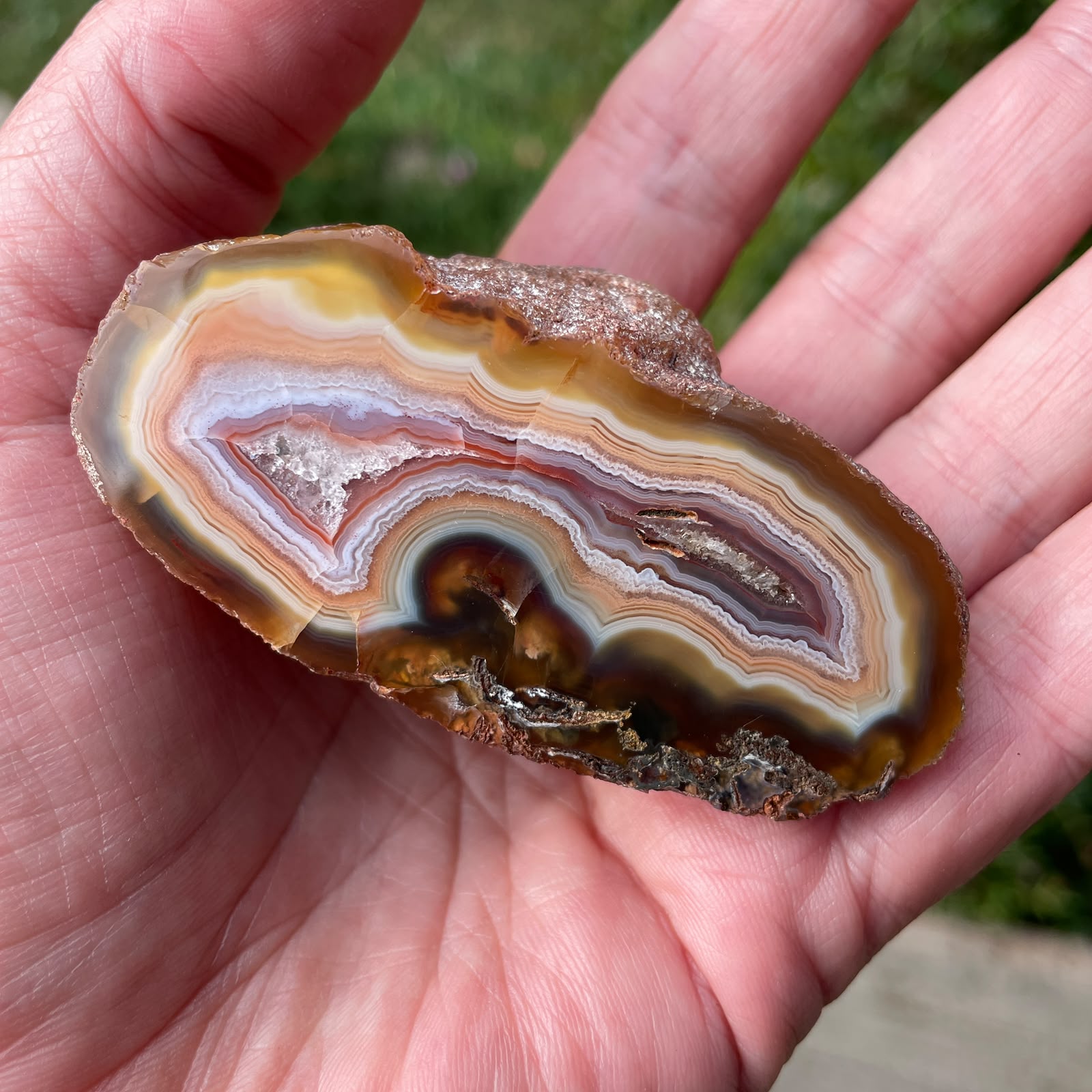 Scalloped banding Malawi agate 69mm – in-hand size reference, amber and cream tones, scalloped banding and crazy lace | SKU 000339