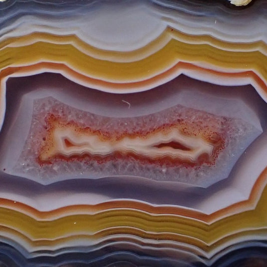 close-up of the centre of a Malawi agate showing its orange double chambered floater in the crystalline centre