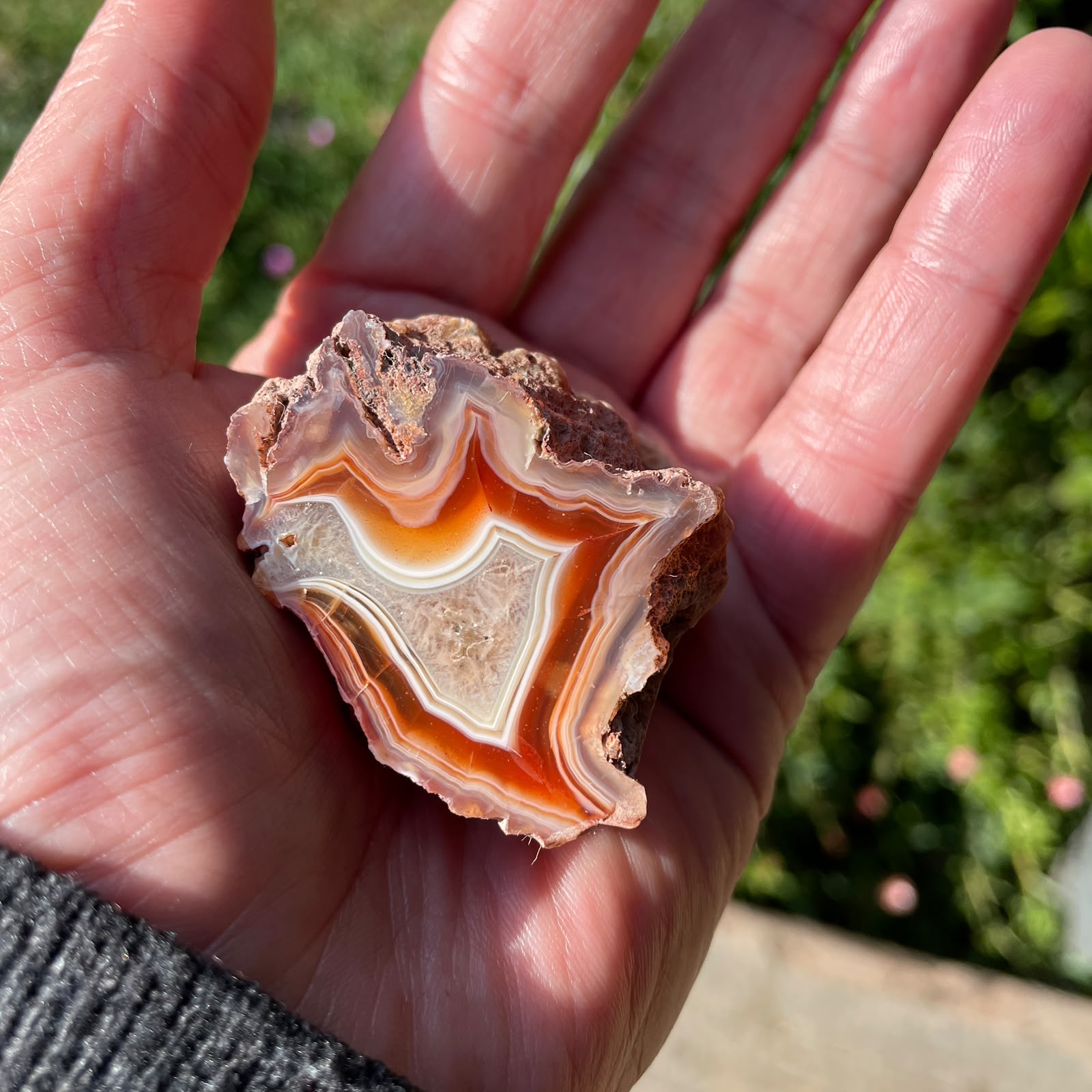 Fortification banding Malawi agate 46mm – in-hand size reference, sard-red and amber tones, fortification banding, ghost banding and flow channel | SKU 000343