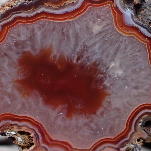 Close-up of a Malawi agate with striking bold red/orange banding around a large crystalline centre with a red floater