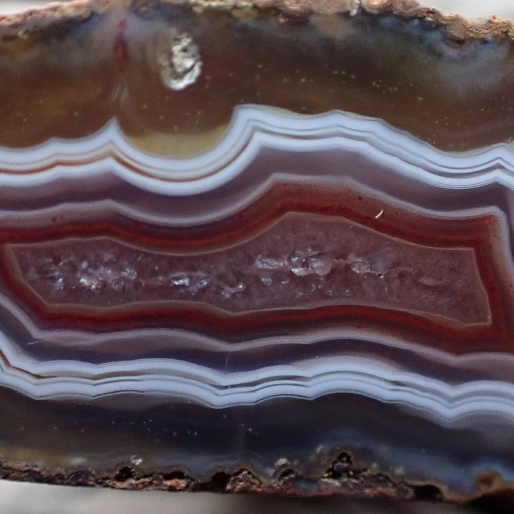 Close-up of Malawi agate 34 mm – symmetrical wavy fortification banding, sard-red to burgundy inner band framing smooth lavender-grey chalcedony centre, near-black outer border | SKU 000360