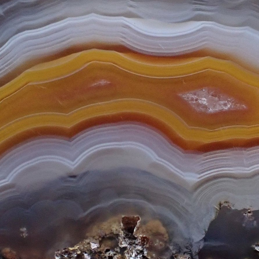 Close-up of Malawi agate 51 mm – vivid golden-yellow to amber-orange inner zone with sard-red to carnelian centre, broad wavy blue-grey fortification banding and ghost banding detail | SKU 000371