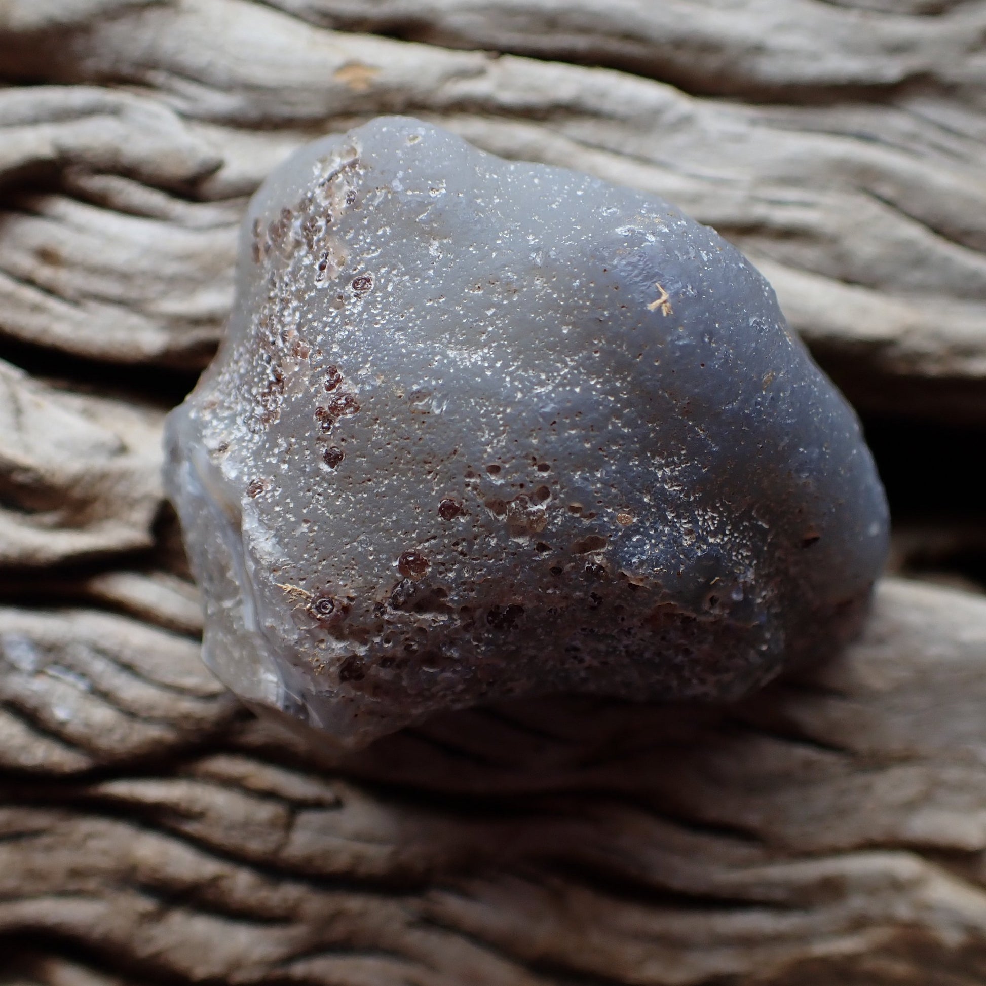 Unpolished reverse, natural Malawi agate 60 mm – smooth blue-grey chalcedony exterior, Ngabu, Malawi | SKU 000394