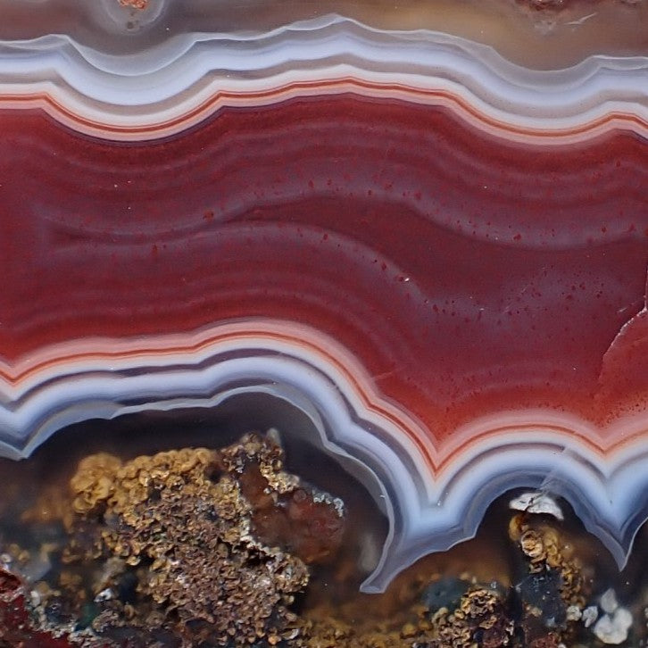 Scalloped banding Malawi agate 50 mm – detail of scalloped band edges and hematite inclusions in chalcedony bands | SKU 000398