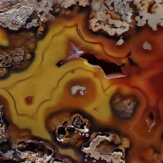 Close-p of a Malawi agate with extremely unusual patterning in red brown and yellow and lovely inclusions