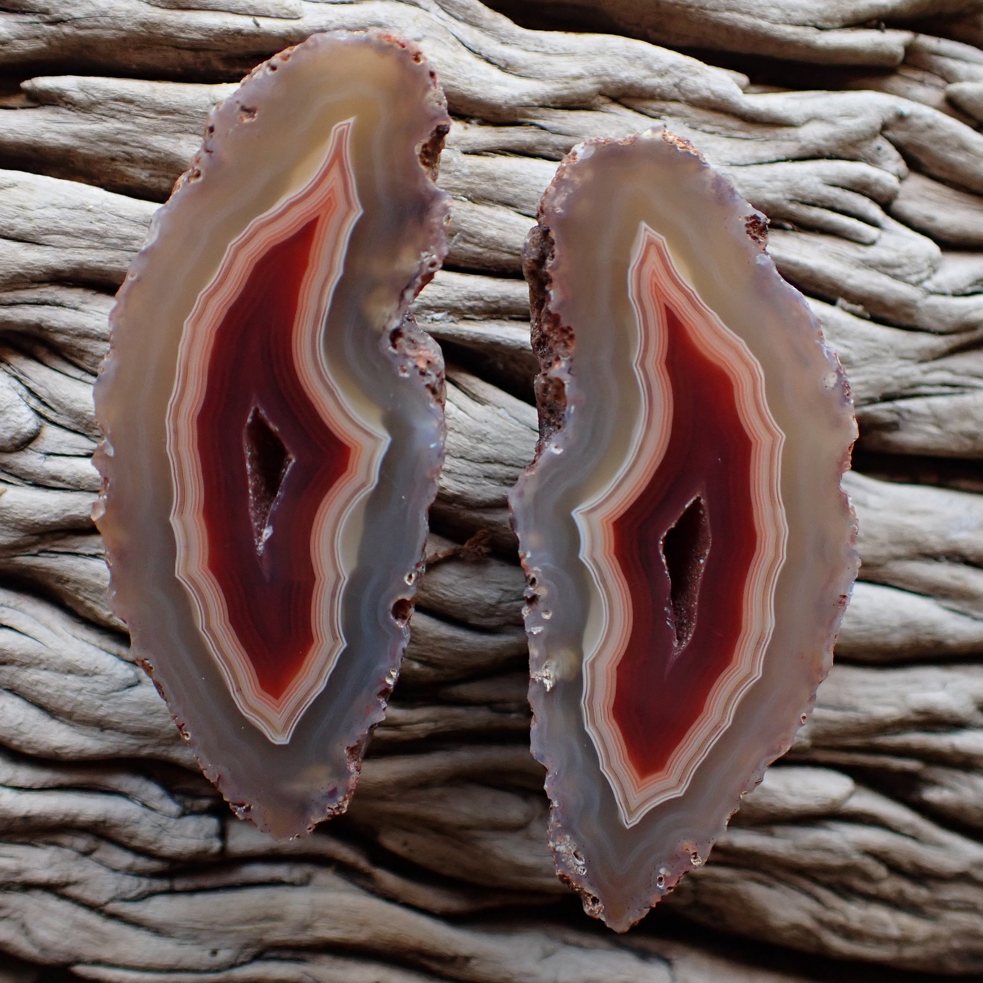 Polished Malawi agate matching pair with outer ghost banding going into peach and then deep wine red with a drusy centre