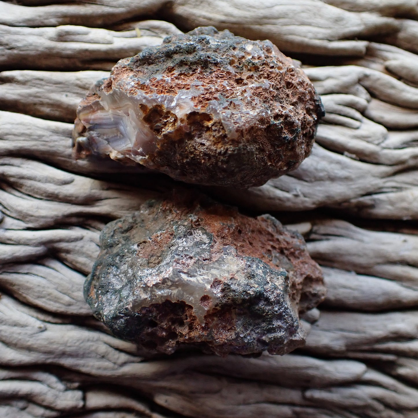 unpolished side of a matching pair of malawi agates