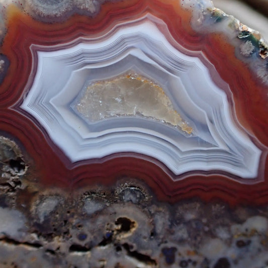 close-up of the calcite centre of a Malawi Ngabu agate surrounded in white ghost banding going out into lovely deep red orange bands