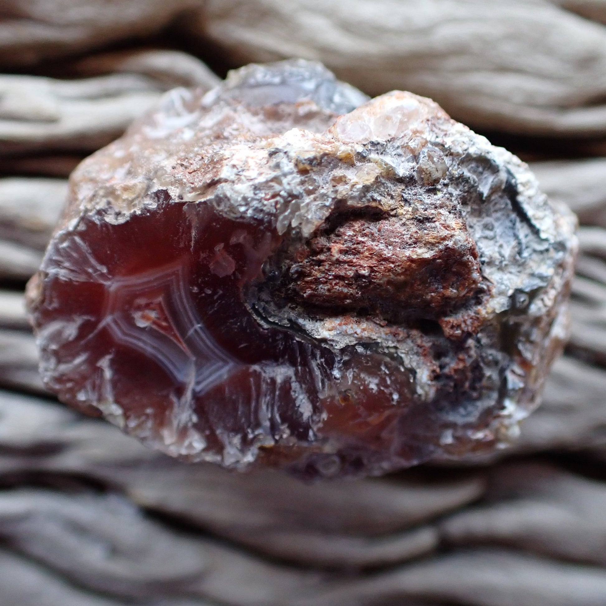 unpolished side of a Malawi ngabu region agate showing the clues of the pattern and colours inside