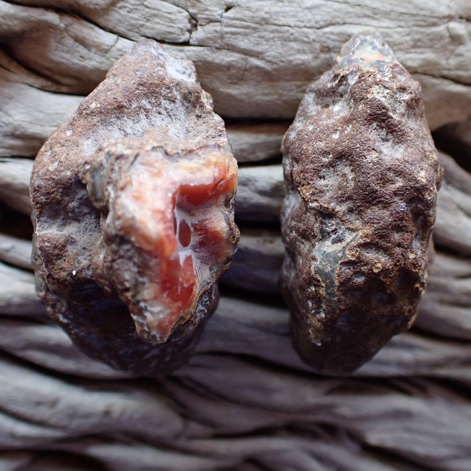 unpolished sides of a Malawi ngabu agate pair
