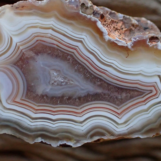 close-up of a floater in a cut and polished Malawi agate specimen from the Ngabu region