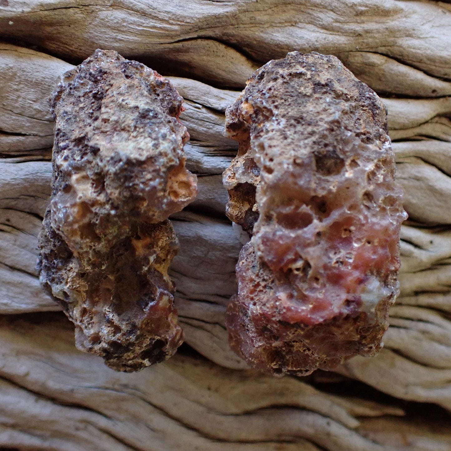 Back of Malawi agate pair 57 mm & 56 mm – natural porous rind, Ngabu deposit, hand-polished in South Africa