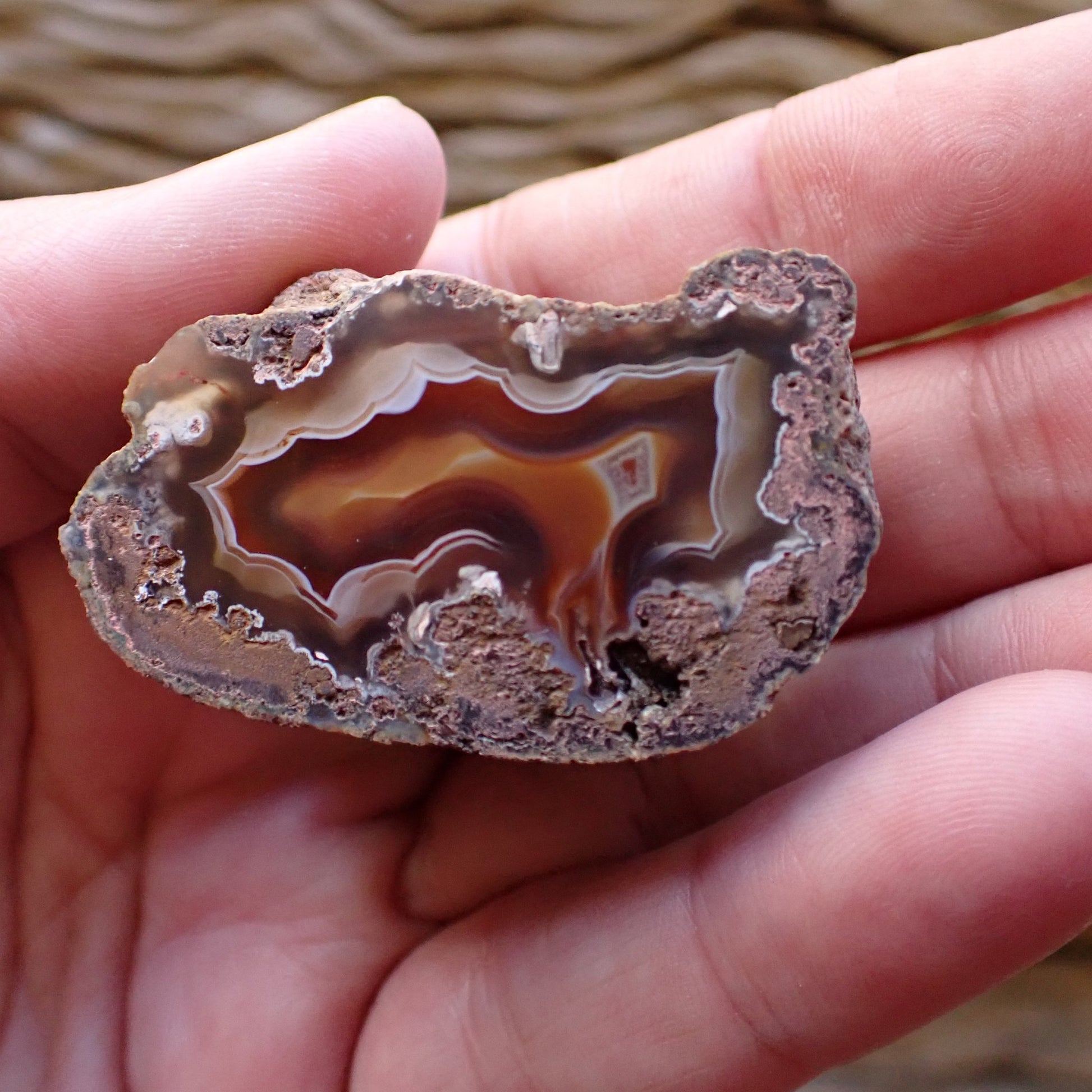 In-hand view of natural hand-polished Malawi agate 45 mm – size reference, scalloped banding, shadow banding, flow channel, Ngabu Malawi | SKU 000488