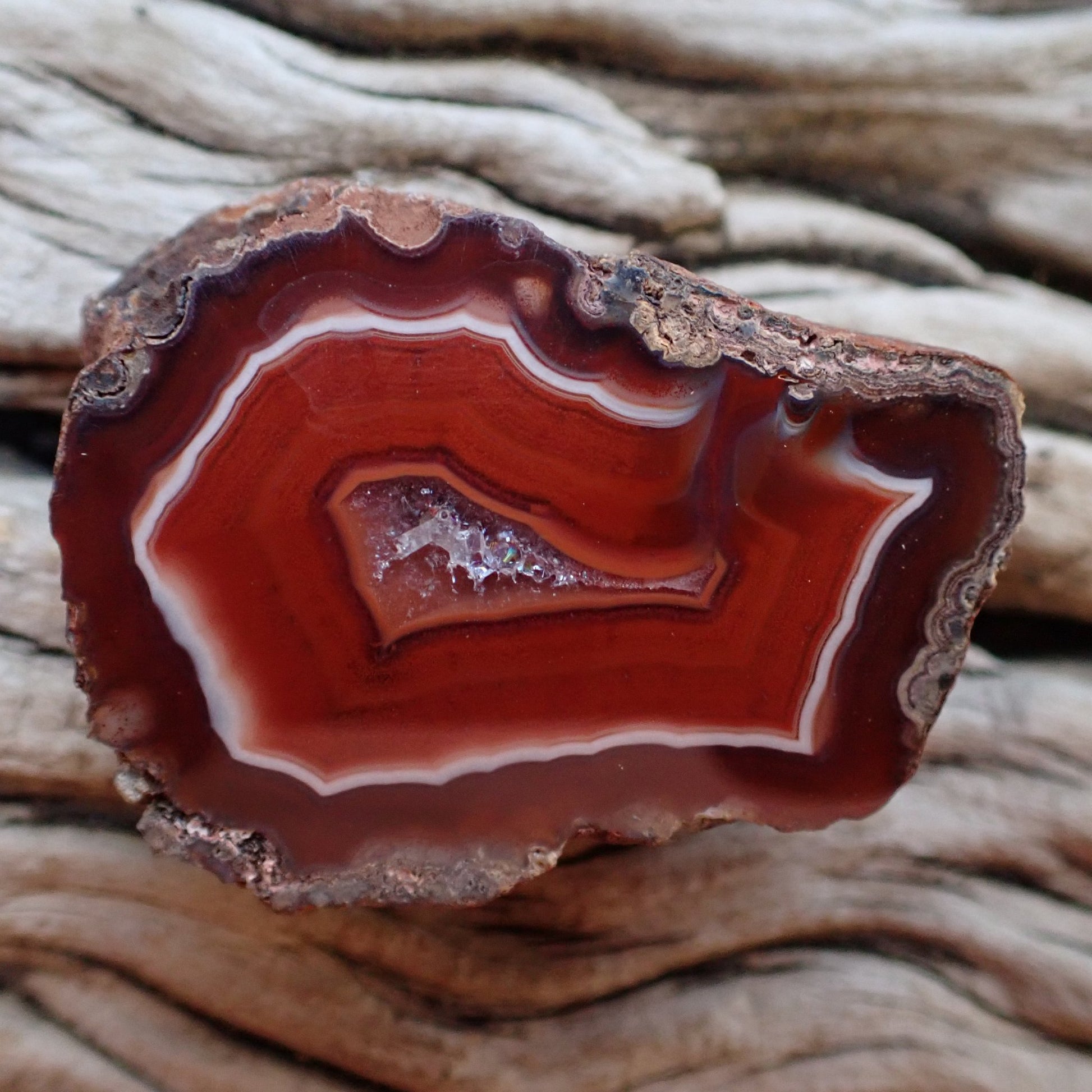 Polished Malawi agate 42 mm – front face, scalloped banding and flow channel, deep red palette, Ngabu origin | SKU 000494