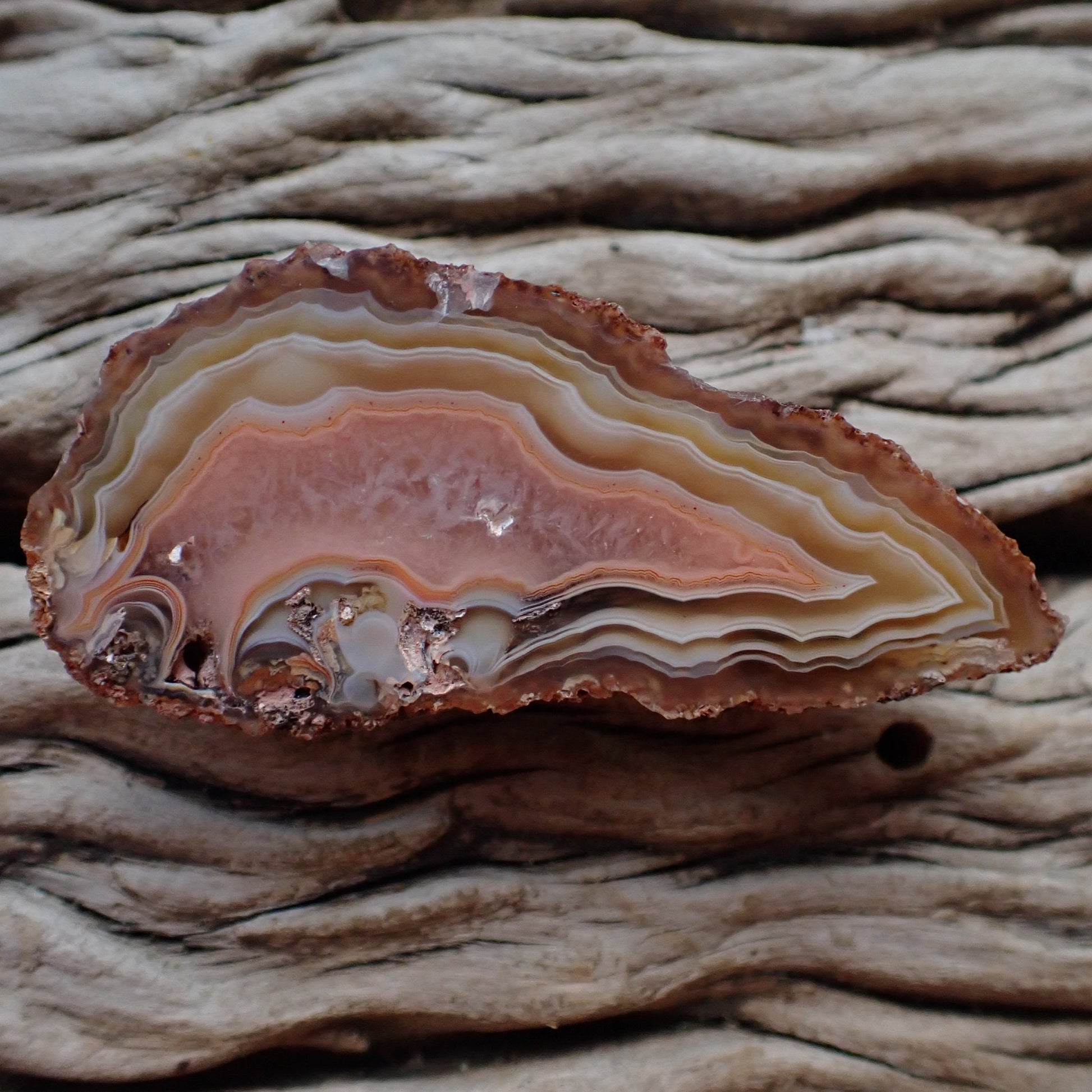 Natural hand-polished Malawi agate 58 mm – full face, flow channel, fortification banding, ghost banding | SKU 000500