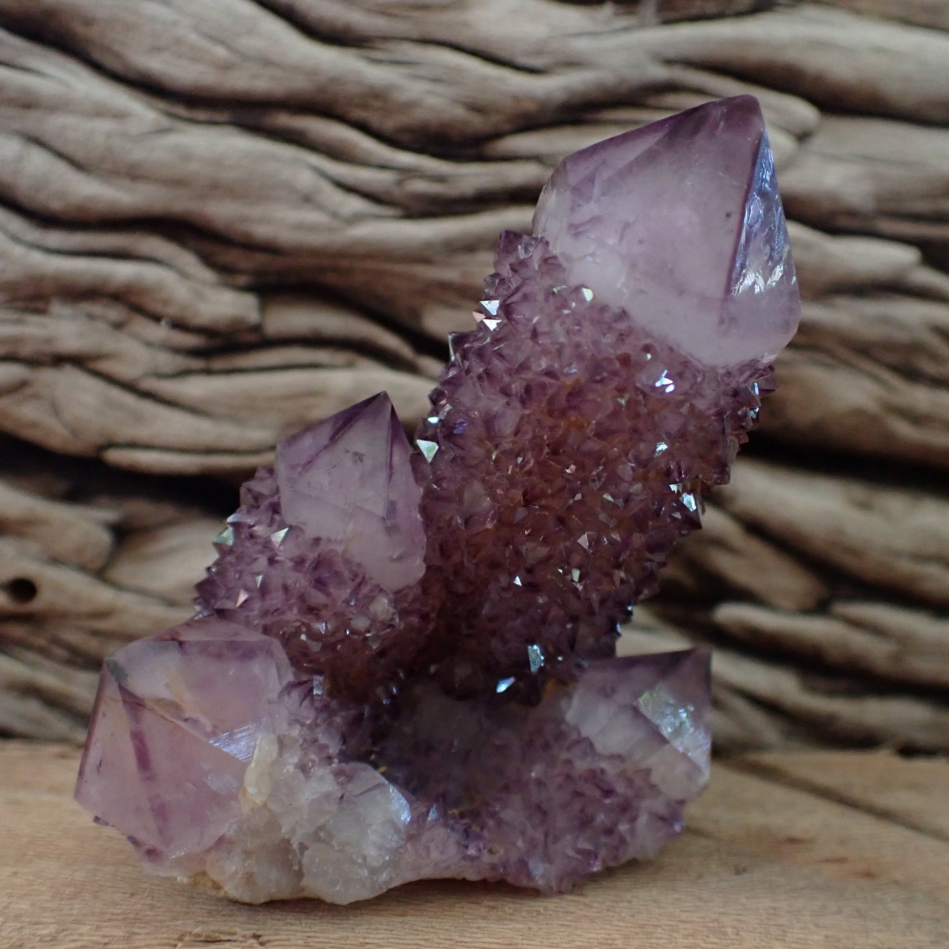 Side profile amethyst Cactus Quartz Spirit Quartz cluster 69mm – elongated primary point, dense drusy coverage, dark amethyst purple | SKU OM00003