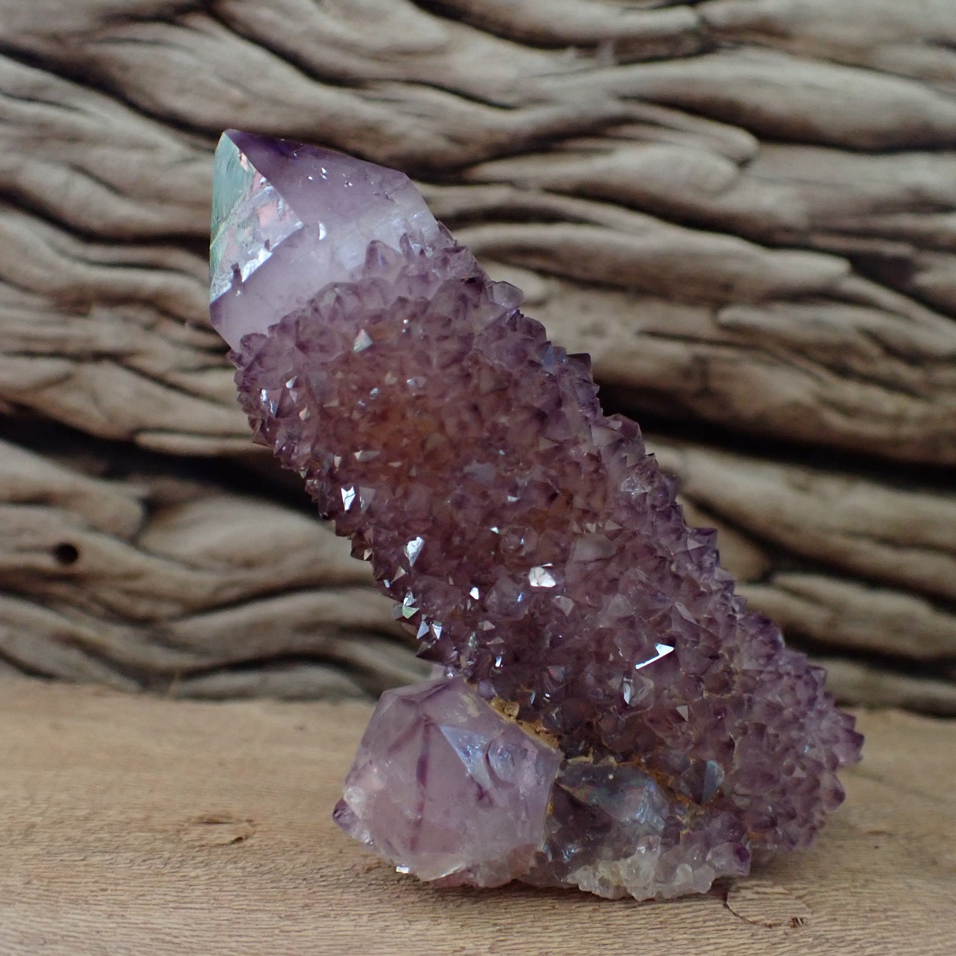 Angled rear view amethyst Cactus Quartz Spirit Quartz cluster 69mm – base crystal formation and cluster structure | SKU OM00003