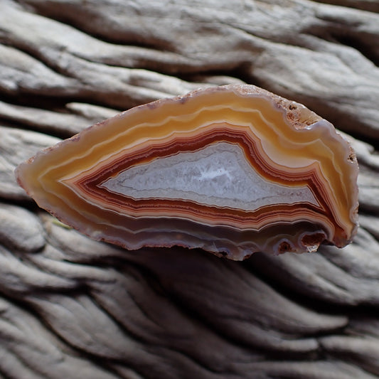 Polished Malawi agate from the Ngabu region with attractive banding in unusual hues of orange and red surrounding a crystalline centre