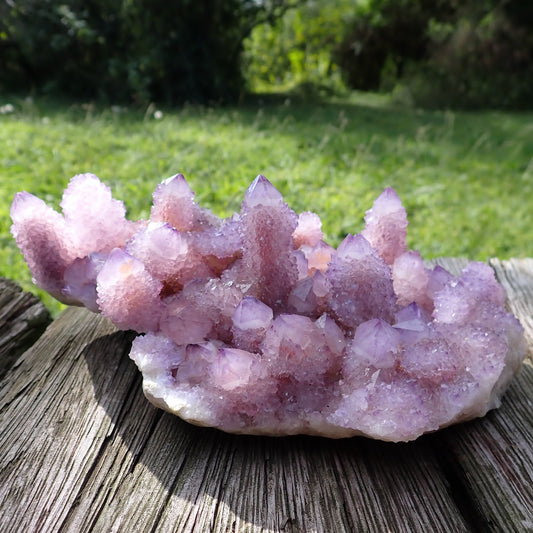 Amethyst Cactus Quartz Spirit Quartz cluster 160x120x60mm – additional angle showing full crystal habit and amethyst colouration, Boekenhouthoek South Africa | SKU OM00002