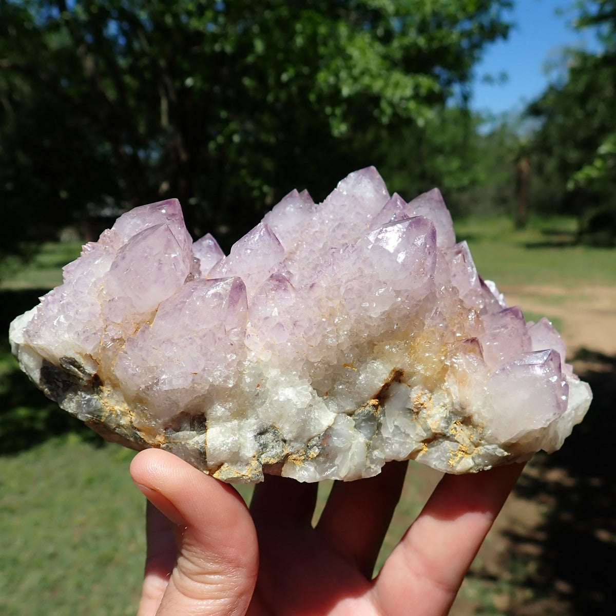 Cactus Spirit Quartz amethyst cluster close-up showing purple phantom outlines and drusy crystal overgrowths, Boekenhouthoek, South Africa