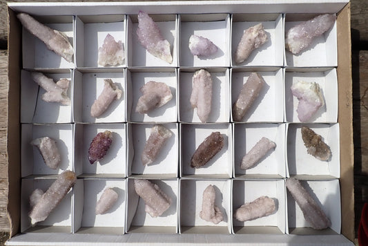 Cactus quartz tray lot SWB00004 – 24 mixed pieces, amethyst, smoky and white Spirit Quartz, Boekenhouthoek Mpumalanga