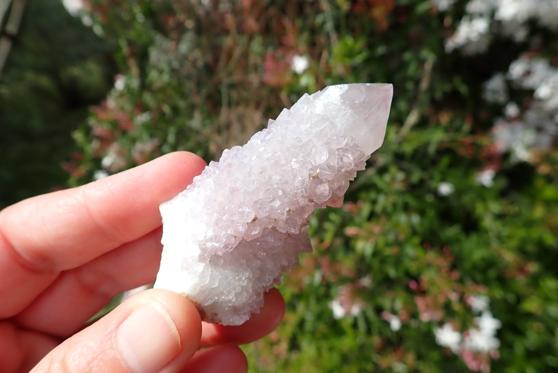 Cactus quartz Spirit Quartz point – in-hand close-up, heavy second-generation crystal coverage on prism faces, pale lilac