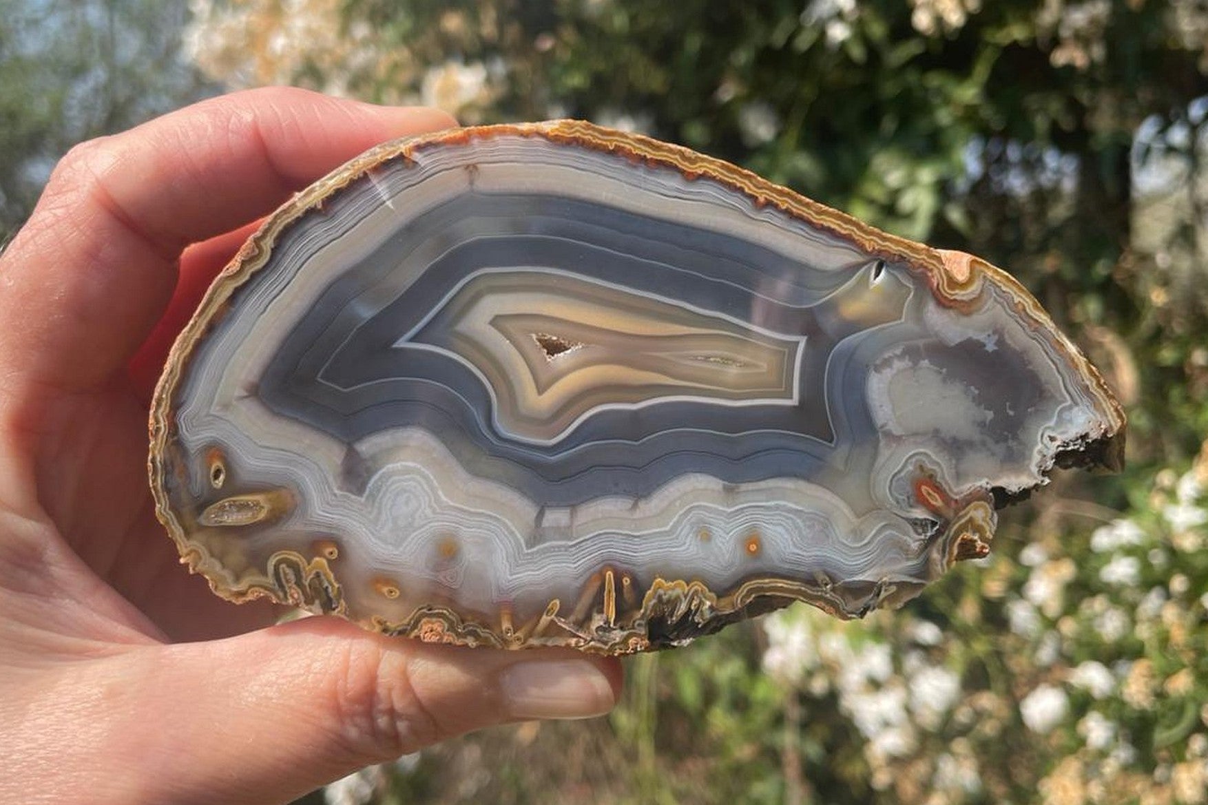 Ghost Mountain agate 122 mm – in-hand size reference, flow channel disruptions visible, blue-grey and amber tones, hand-polished