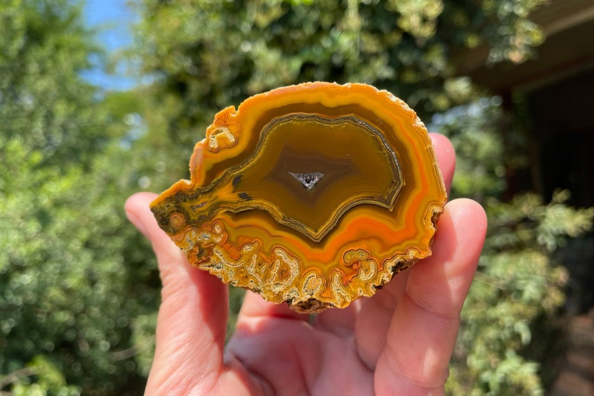 Lilangabi agate 68 mm – held in hand for scale, showing the full banded face, golden-orange chromatography, moss inclusions and central drusy vug.