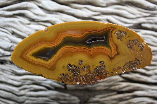 Lilangabi agate 112 mm – front face, chromatism, fortification banding, waterline features, open druzy vug and plume inclusions, Eswatini | SKU LIL00006