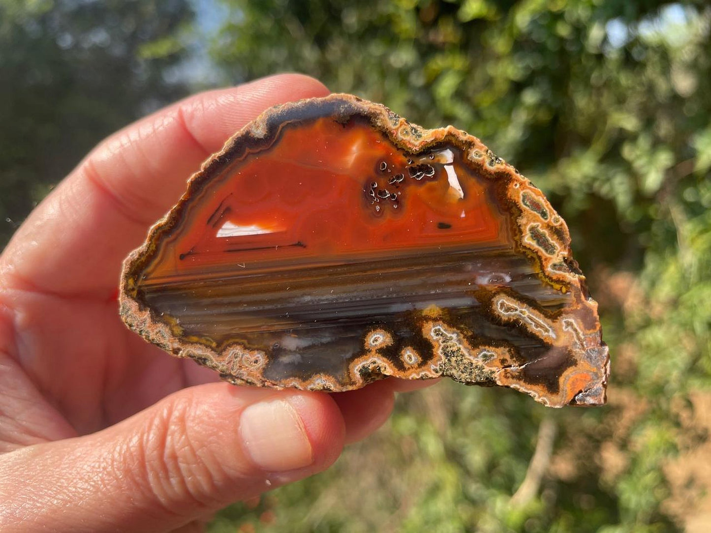 Lilangabi agate 72mm – in-hand, carnelian-red zone and waterlines visible | SKU LIL00020