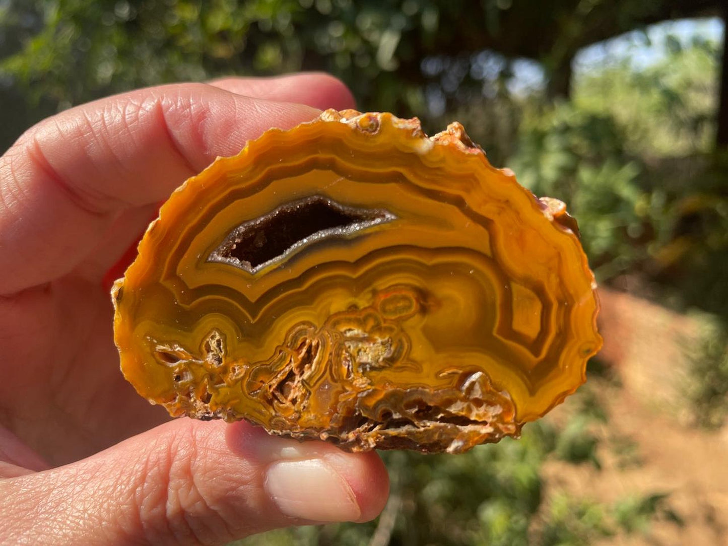 Lilangabi agate 63 mm – in-hand view, druzy vug, scalloped banding, amber-golden-orange palette, Eswatini | SKU LIL00030