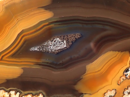 Lilangabi agate 88 mm – close-up of chromatism, colour-shifting bands from amber-orange through chocolate-brown to blue-grey, plume inclusions | SKU LIL00033