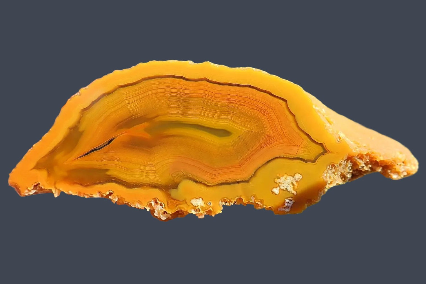Lilangabi agate 69 mm – front face, fine scalloped banding, shadow banding, saturated amber-golden-orange palette, Eswatini | SKU LIL00034