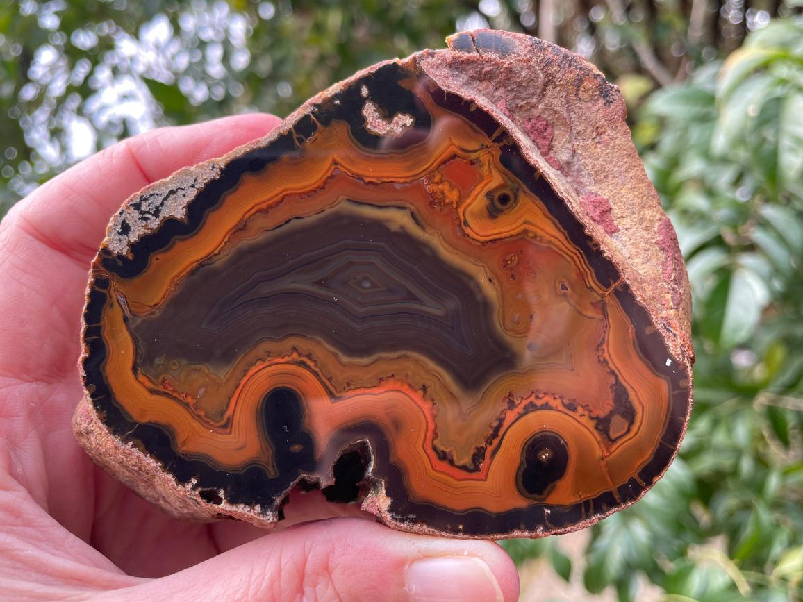 Lilangabi agate 94 mm – in-hand size reference, perimorphs, fortification banding, Eswatini